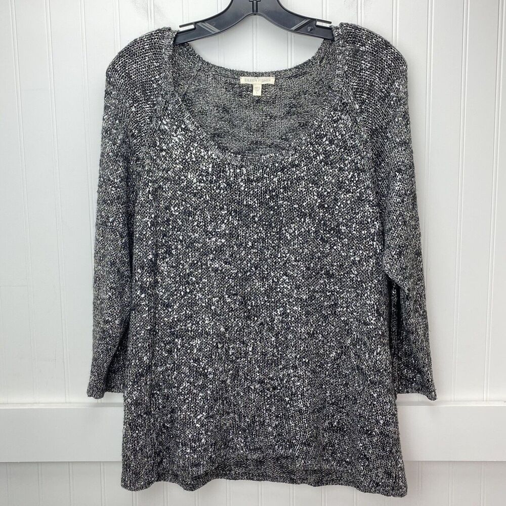 Linen Blend Sweater Eileen Fisher Open Knit Sz Large Gray/Silver Metallic